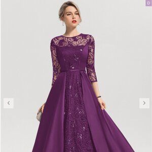 A-line Scoop Illusion Floor-Length Satin Lace Prom Dresses With Sequins